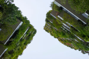 Trees line both sides of modern buildings, viewed from below with a pale sky between them, creating a green canyon.
