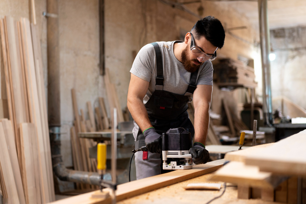 Woodworker wearing safety glasses routes a wooden plank with a handheld router in a workshop.