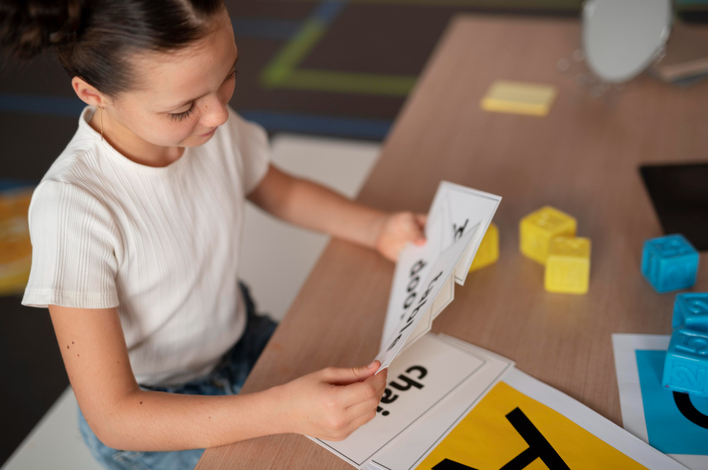 Girl sits at a desk flipping through large letter flashcards while colorful building blocks sit nearby, focused on learning letters.