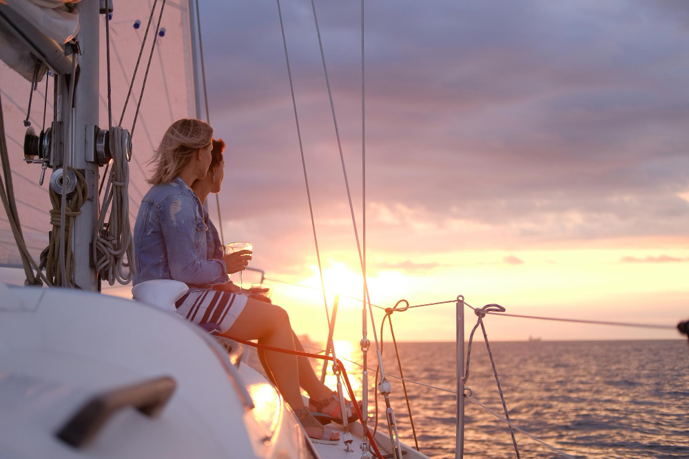 Two people sitting on a sailboat deck at sunset, holding drinks and looking toward the horizon.